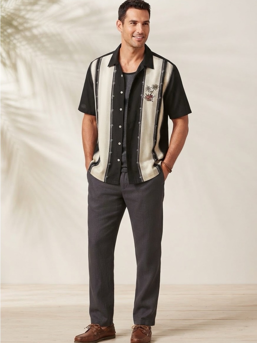 croft & barrow Black and Cream Vertical Stripe Tropical Embroidered Shirt